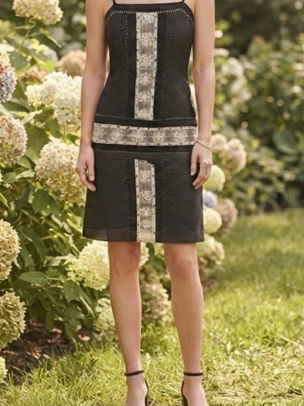 BCBGMaxazria Black Patterned A-Line Skirt with Contrast Panels